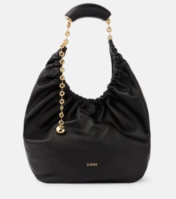 Loewe Squeeze Medium Black Leather Shoulder Bag with Gold Hardware