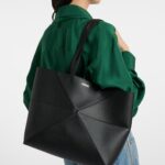 Loewe Puzzle Fold Medium Black Leather Tote with Ivory Glow