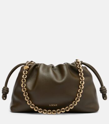 Loewe Flamenco Medium Dark Khaki Leather Clutch with Gold Hardware