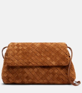 Giorno Intrecciato Suede Shoulder Bag in Dust Color - Bottega Veneta