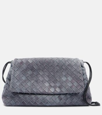 Giorno Intrecciato Suede Shoulder Bag Grey- Bottega Veneta