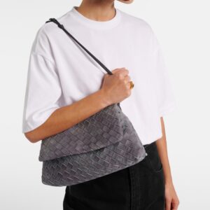Giorno Intrecciato Suede Shoulder Bag Grey- Bottega Veneta