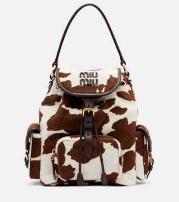 Miu Miu cow-print calf hair backpack with brown calf leather trim and gold hardware
