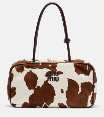 Miu Miu Beau Medium calf hair shoulder bag in white cow print with gold hardware