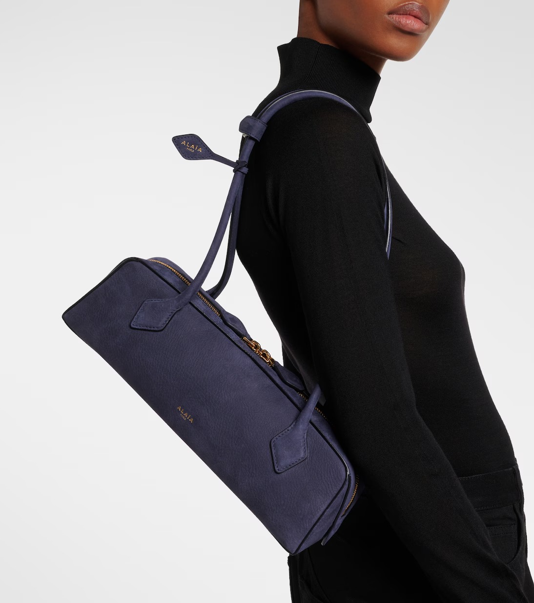 Alaïa Le Teckel Suede Shoulder Bag Blue | Crown Clutch Alaïa Le Teckel Suede Shoulder Bag Blue | Crown Clutch